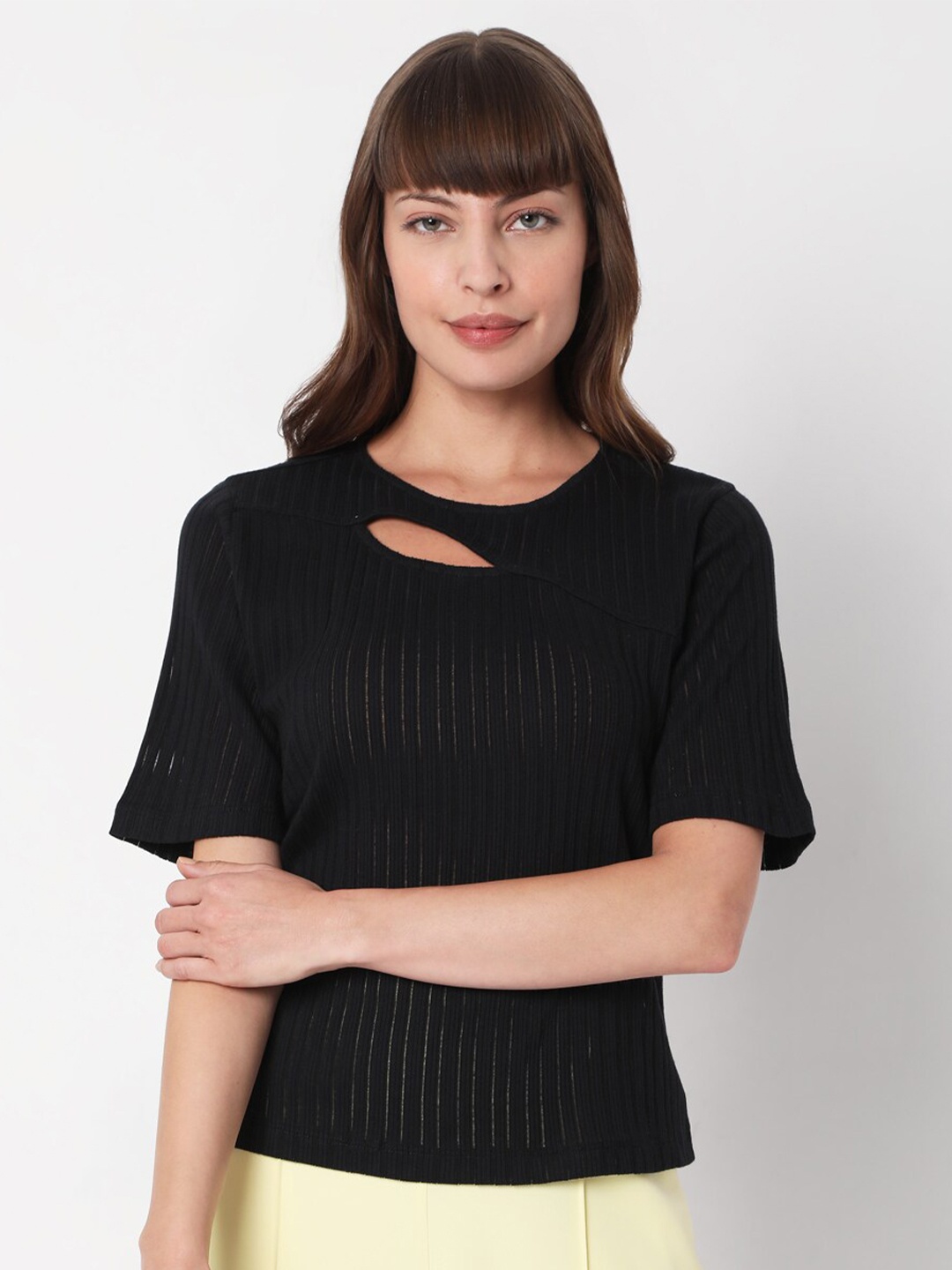 

Vero Moda Women Black Slim Fit Cotton T-shirt