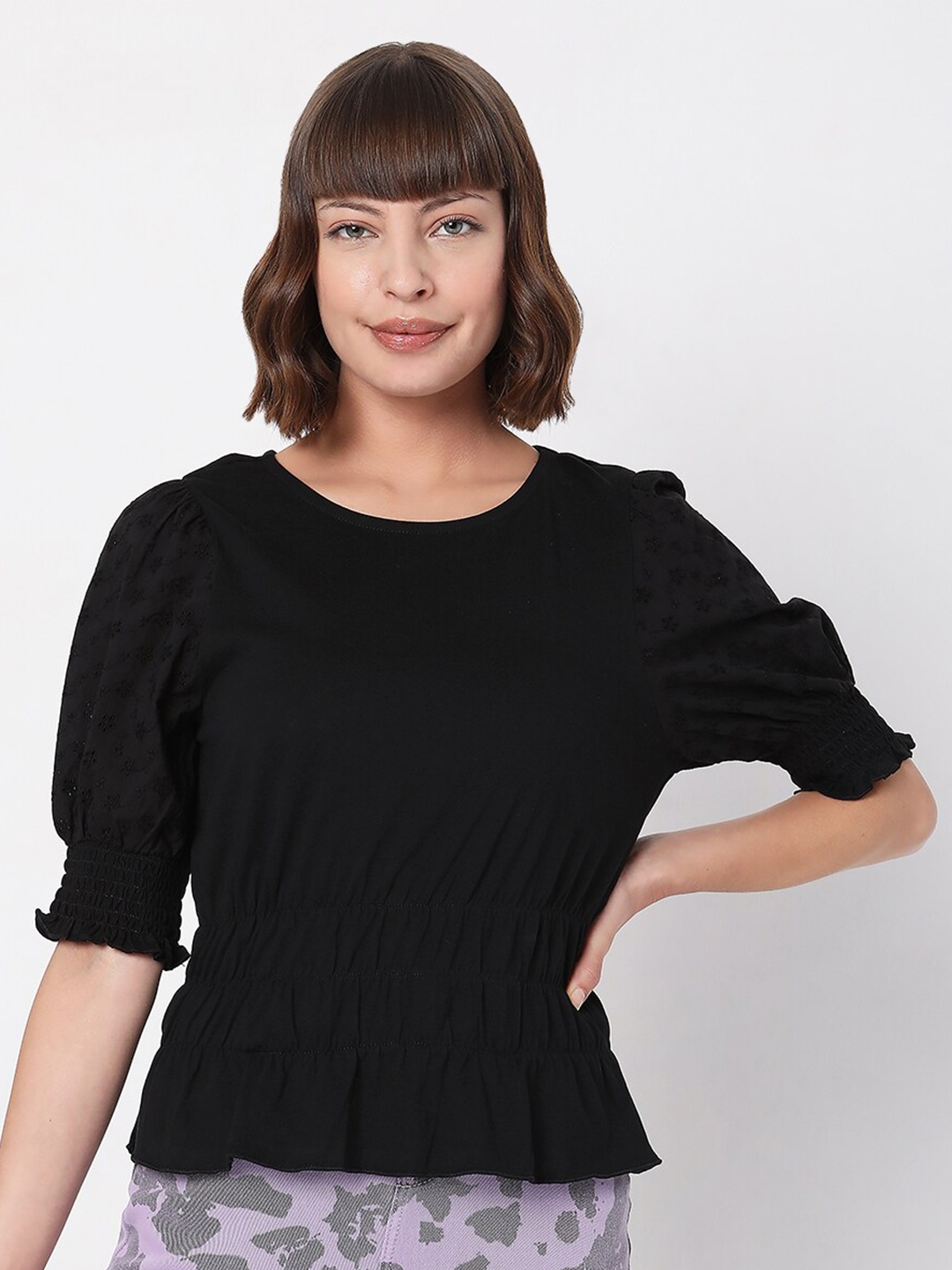 

Vero Moda Women Black Solid Puff Sleeves T-shirt