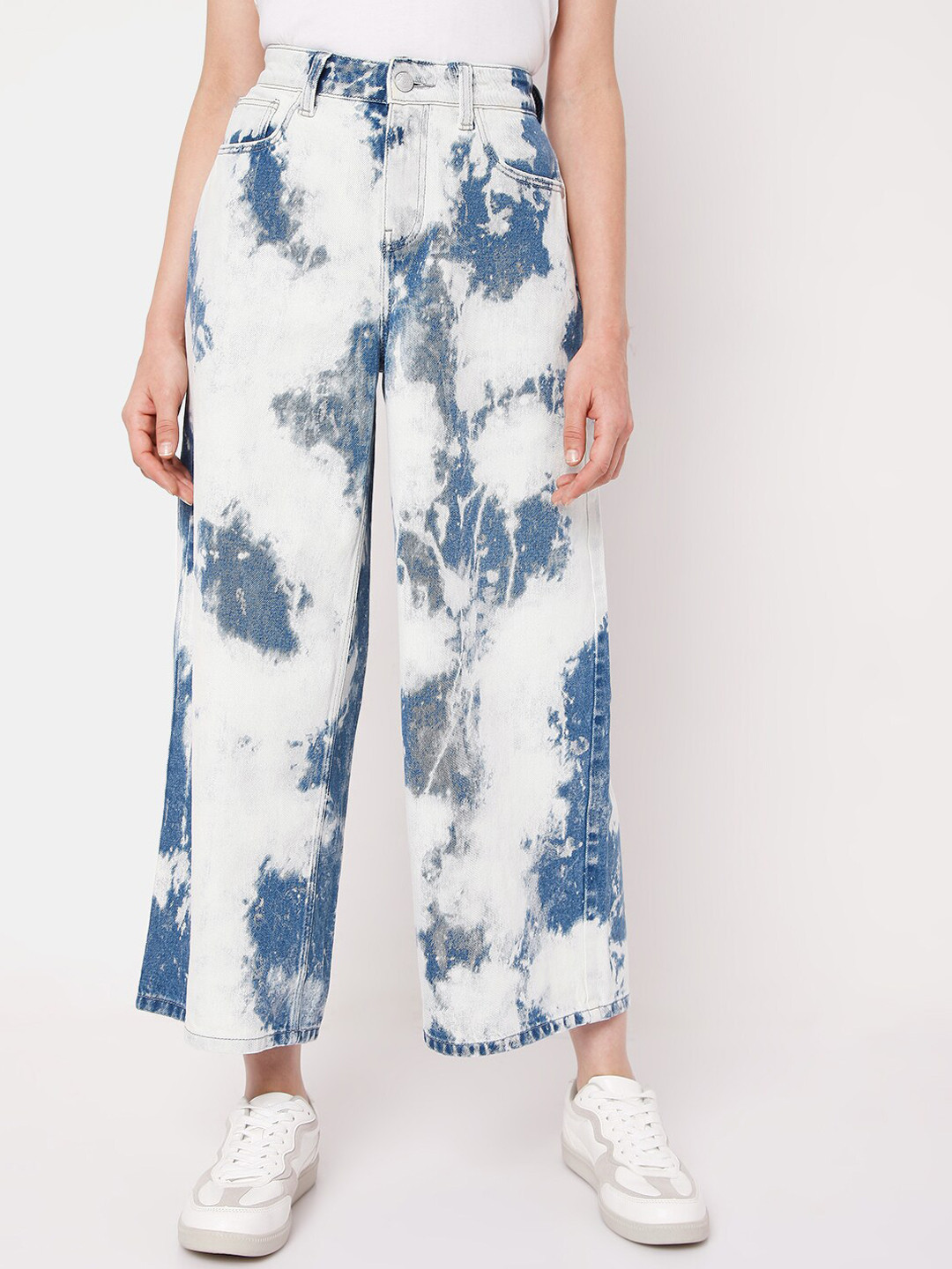 

Vero Moda Women White Wide Leg High-Rise Highly Distressed Heavy Fade Cotton Jeans