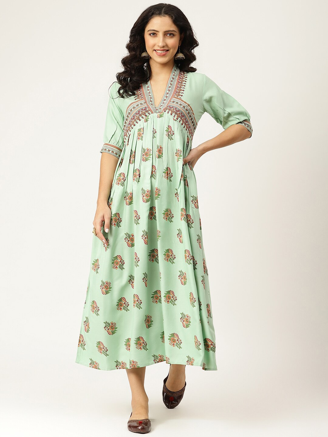 

Rustorange Green Floral Liva Empire Maxi Dress
