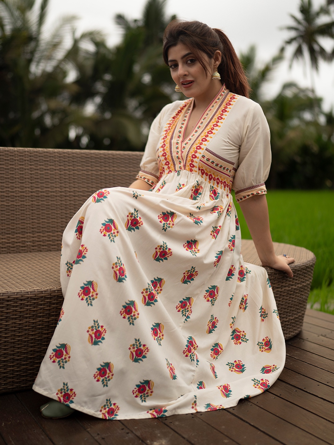 

Rustorange Beige Floral Liva Empire Midi Dress