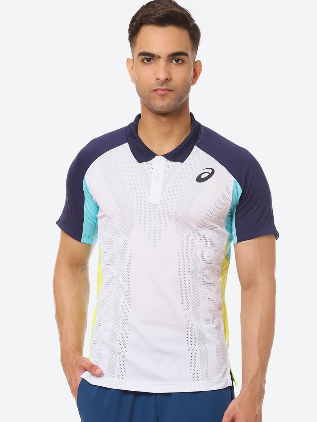 

ASICS Match Actibreeze Polo Men White Blue Printed Sports T-shirt