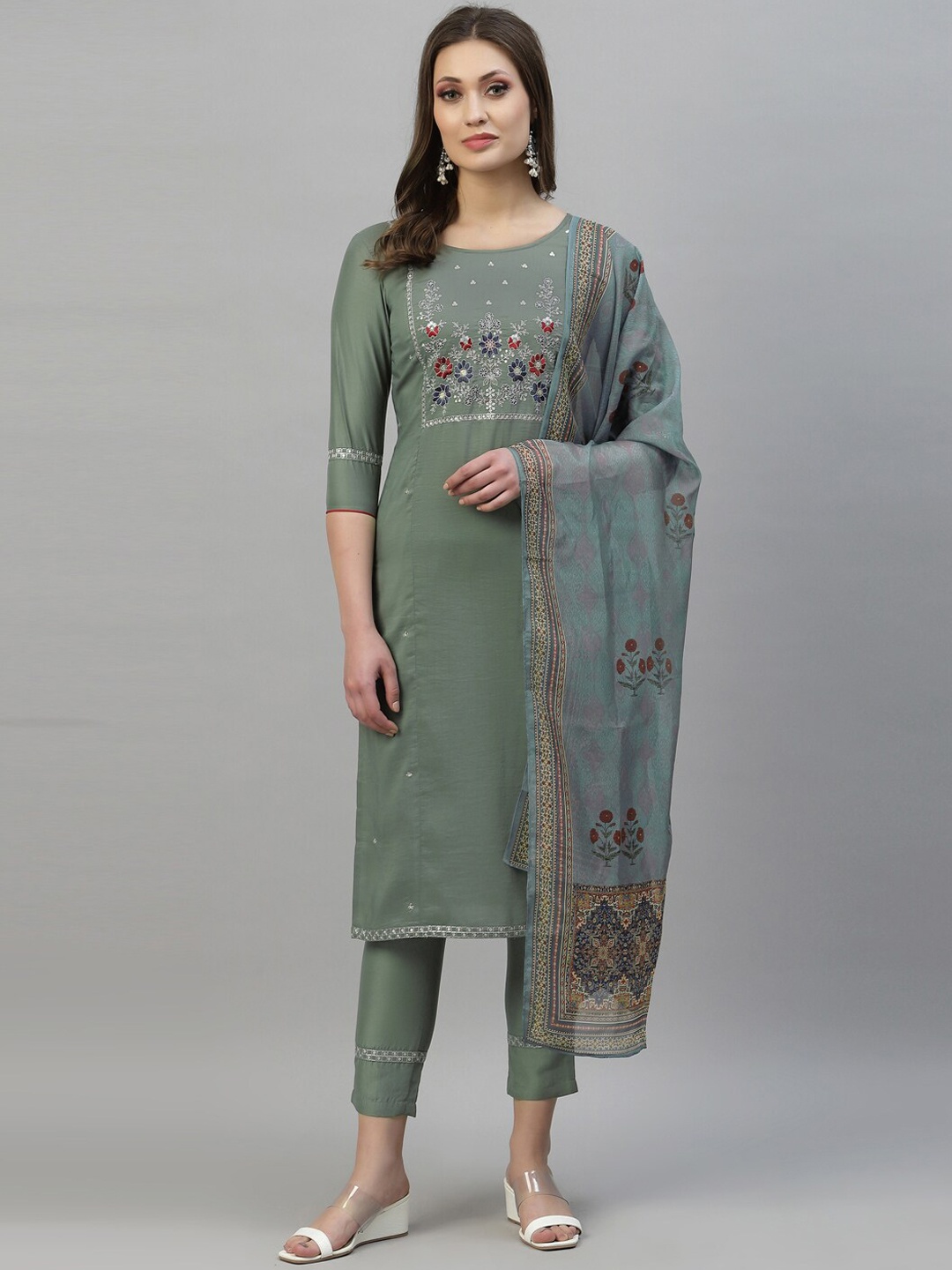 

KALINI Women Olive Green Straight Thread Work Kurti with Trousers & With Dupatta