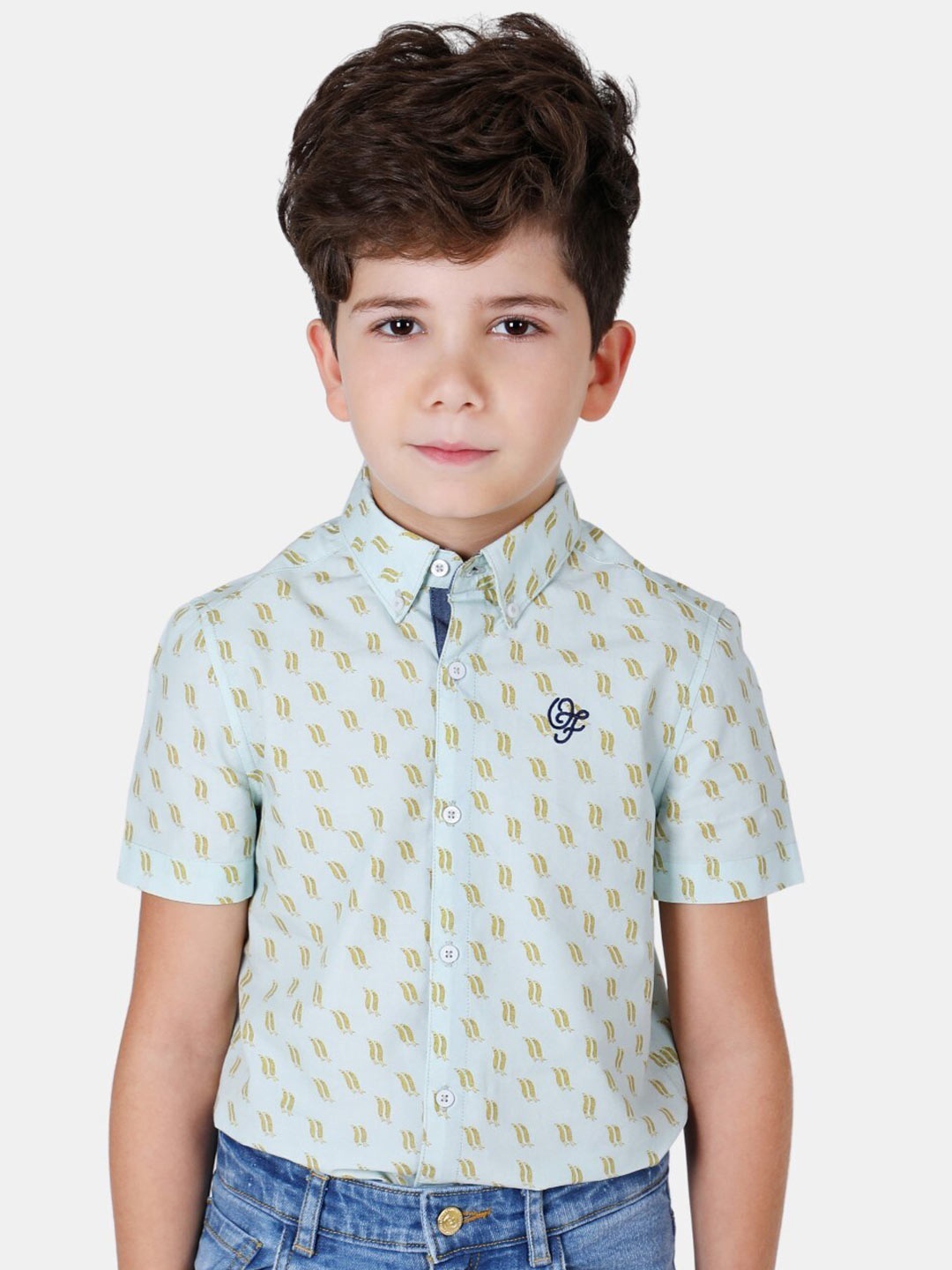 

One Friday Boys Sea Green Comfort Printed Pure Cotton Casual Shirt