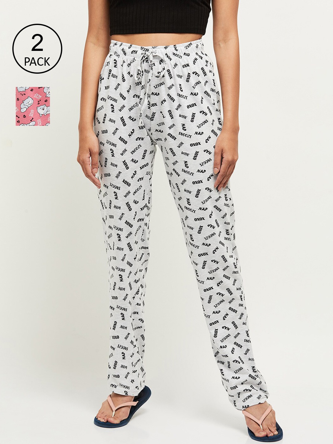 

max Women Set of 2 Pink & White Printed Cotton Lounge Pants