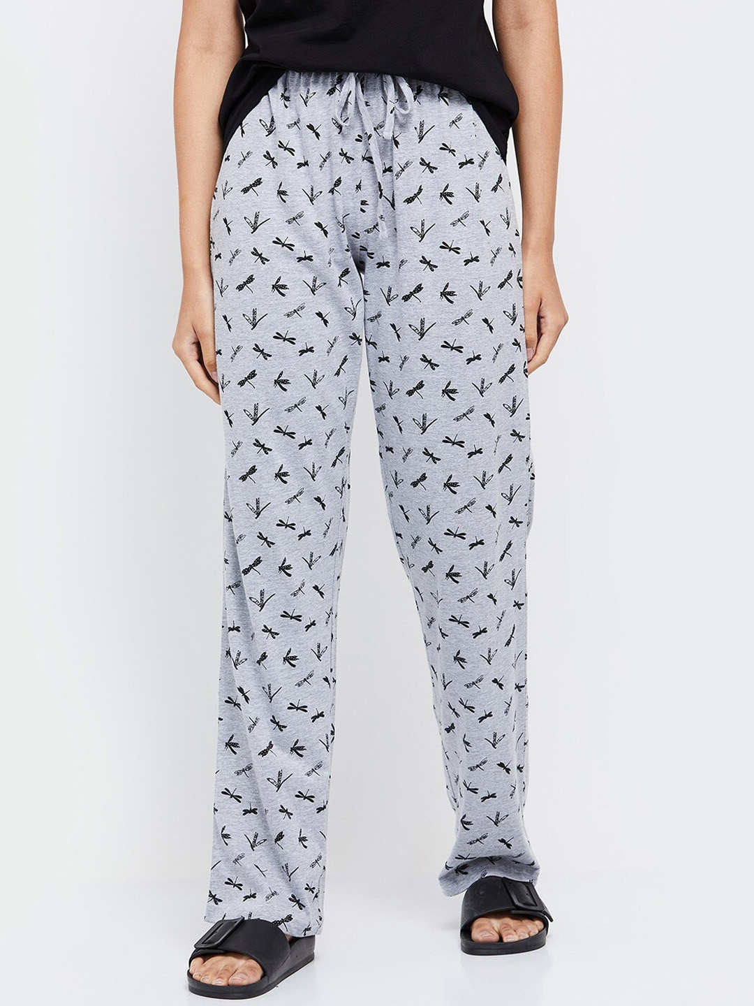 

max Women Grey Melange & Black Printed Lounge Pants