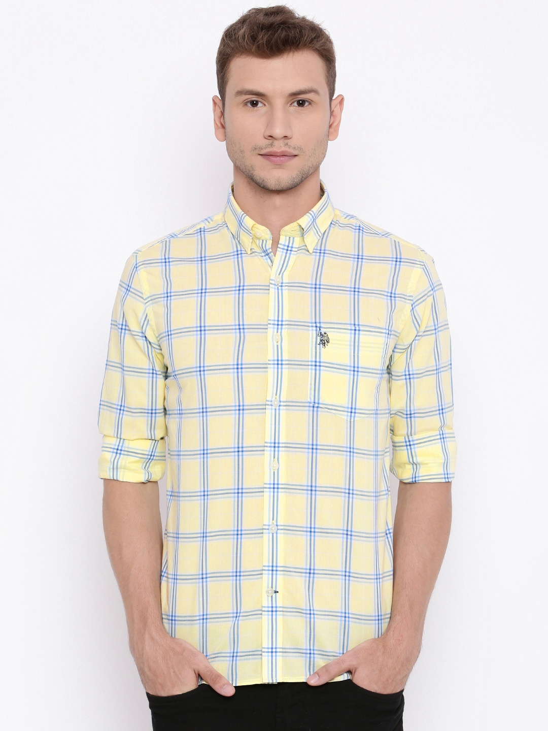 

U.S. Polo Assn. Men Yellow & Blue Tailored Fit Checked Casual Shirt