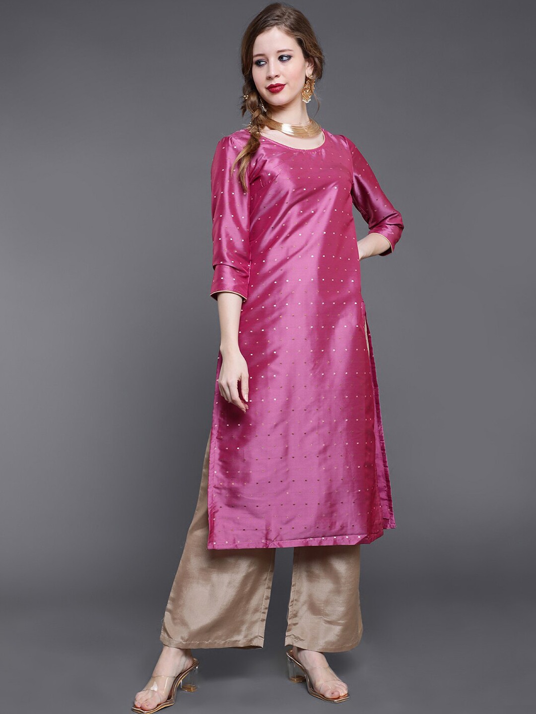 

saubhagya Women Pink Geometric Keyhole Neck Kurta