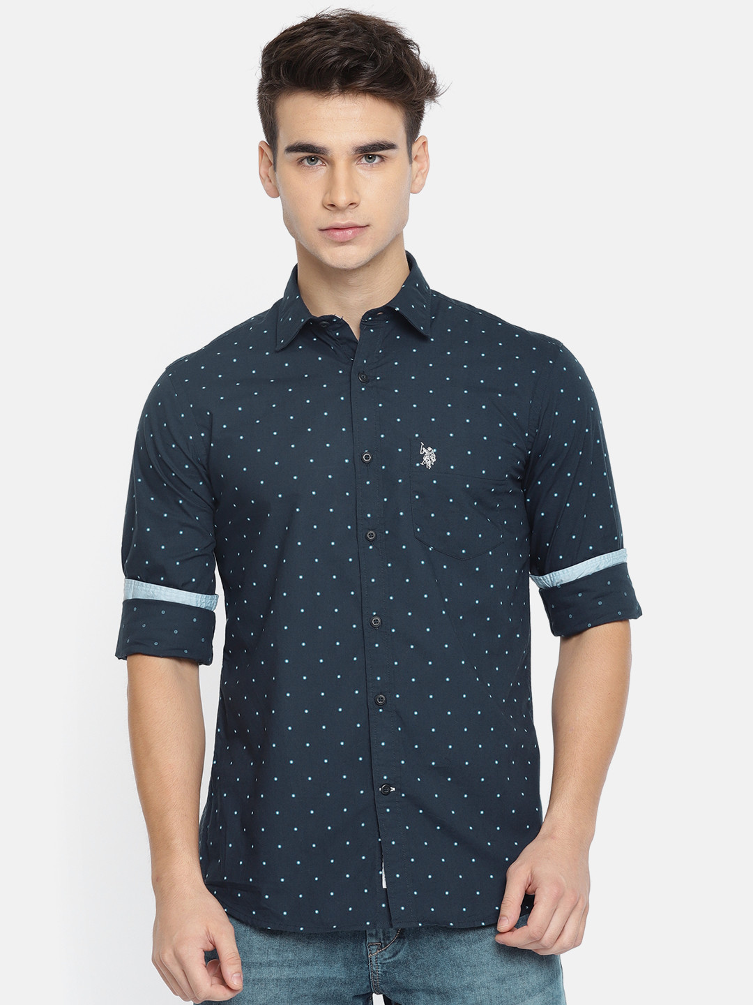 

U.S. Polo Assn. Men Navy Tailored Fit Printed Casual Shirt, Navy blue