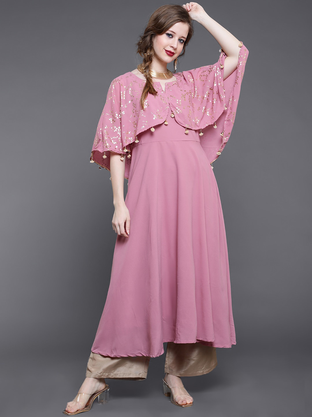 

saubhagya Women Mauve Flared Sleeves Georgette Kurta