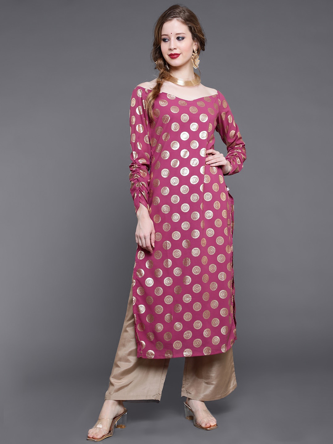 

saubhagya Women Magenta Ethnic Motifs Printed Flared Sleeves Georgette Kurta