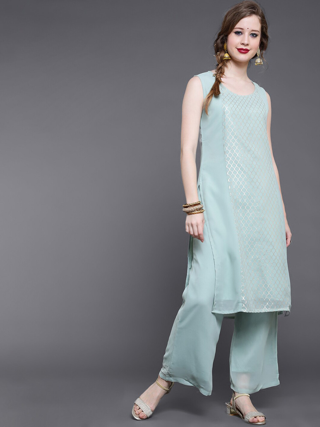 

saubhagya Women Sea Green Embroidered Layered Kurta with Trousers