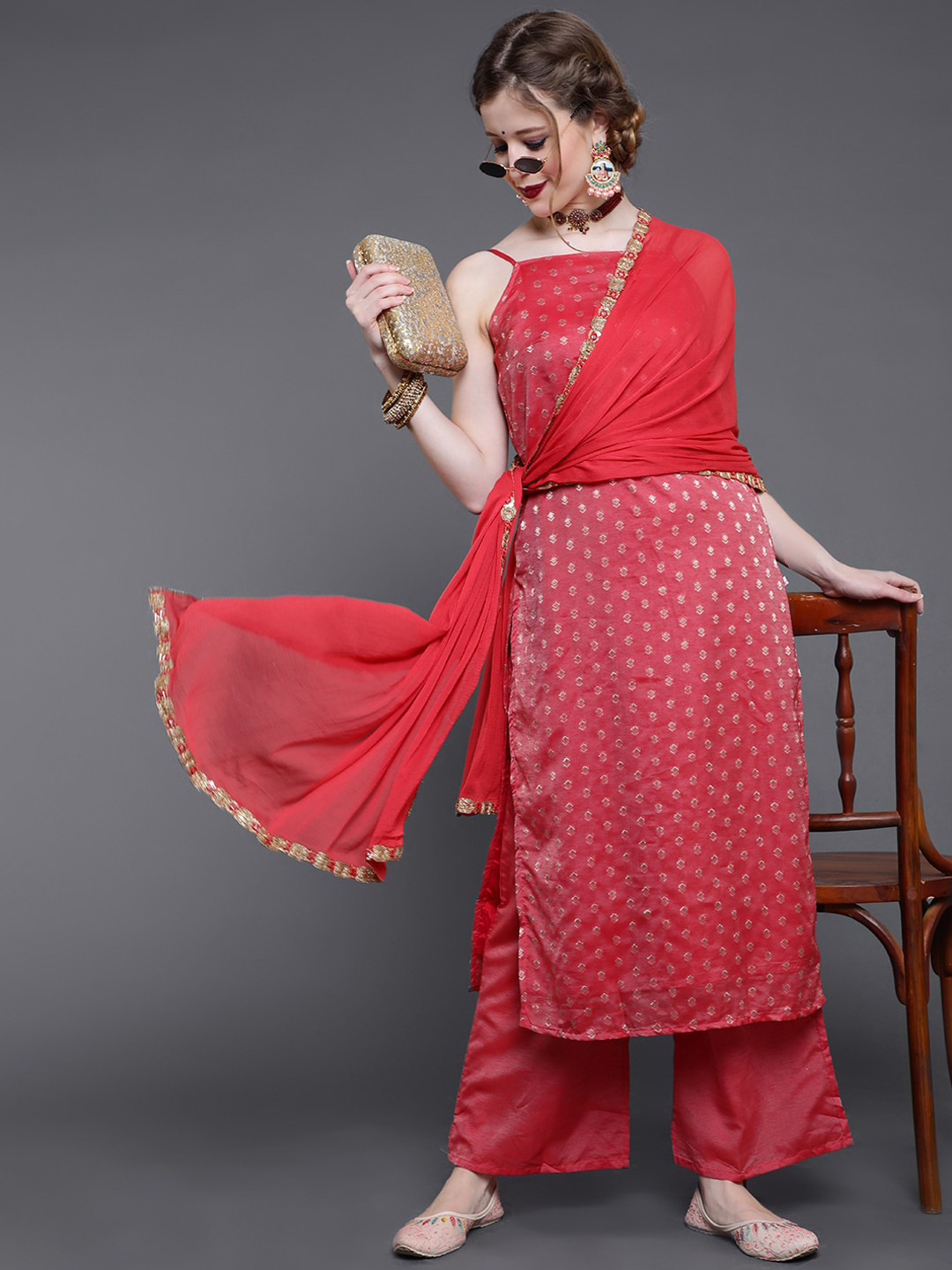 

saubhagya Women Red Ethnic Motifs Printed Kurta with Sharara