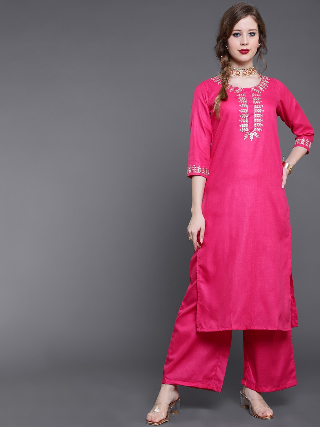

saubhagya Women Magenta Embroidered Kurta with Palazzos