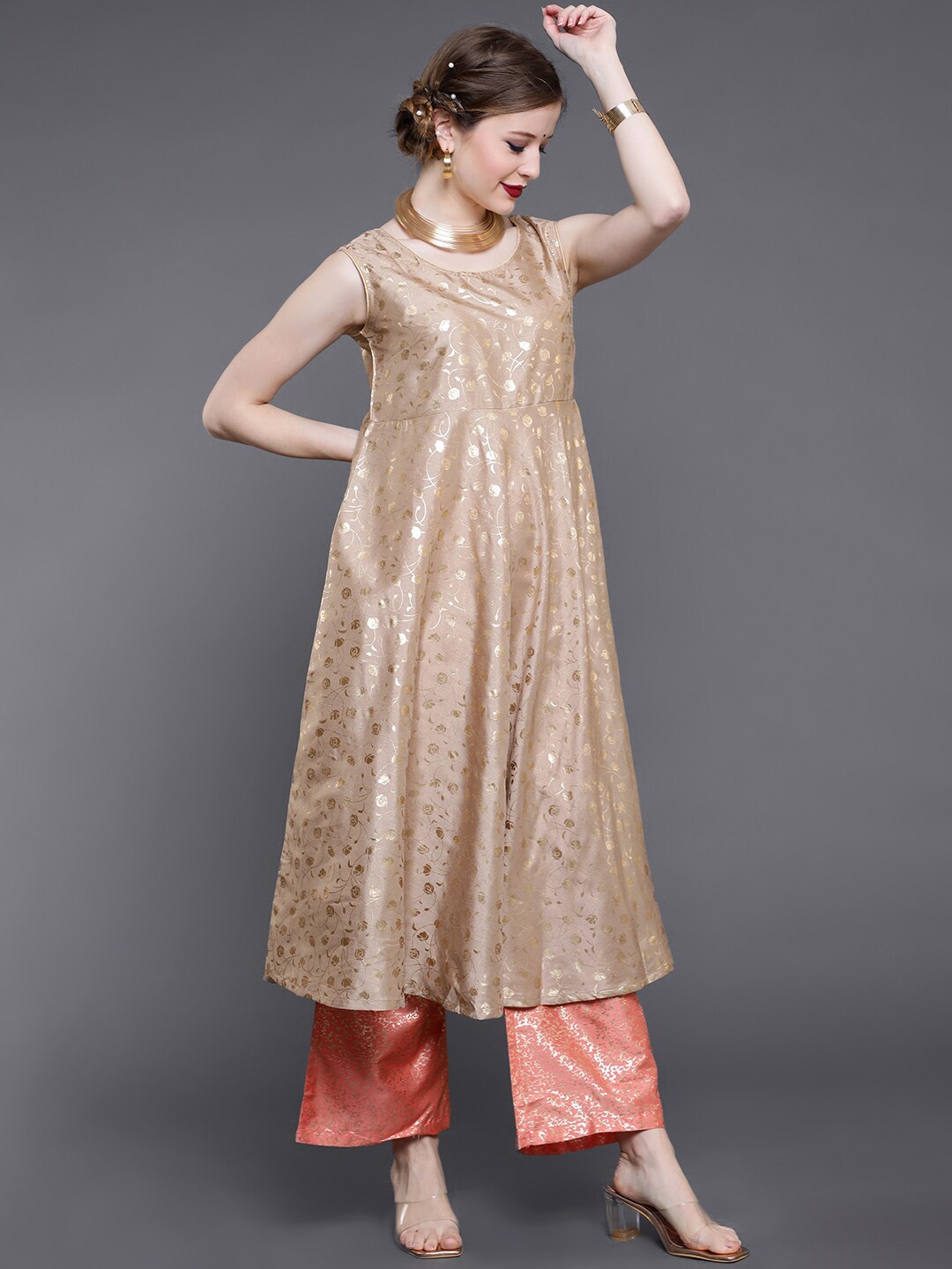 

saubhagya Women Beige Ethnic Motifs Printed Keyhole Neck Anarkali Kurta