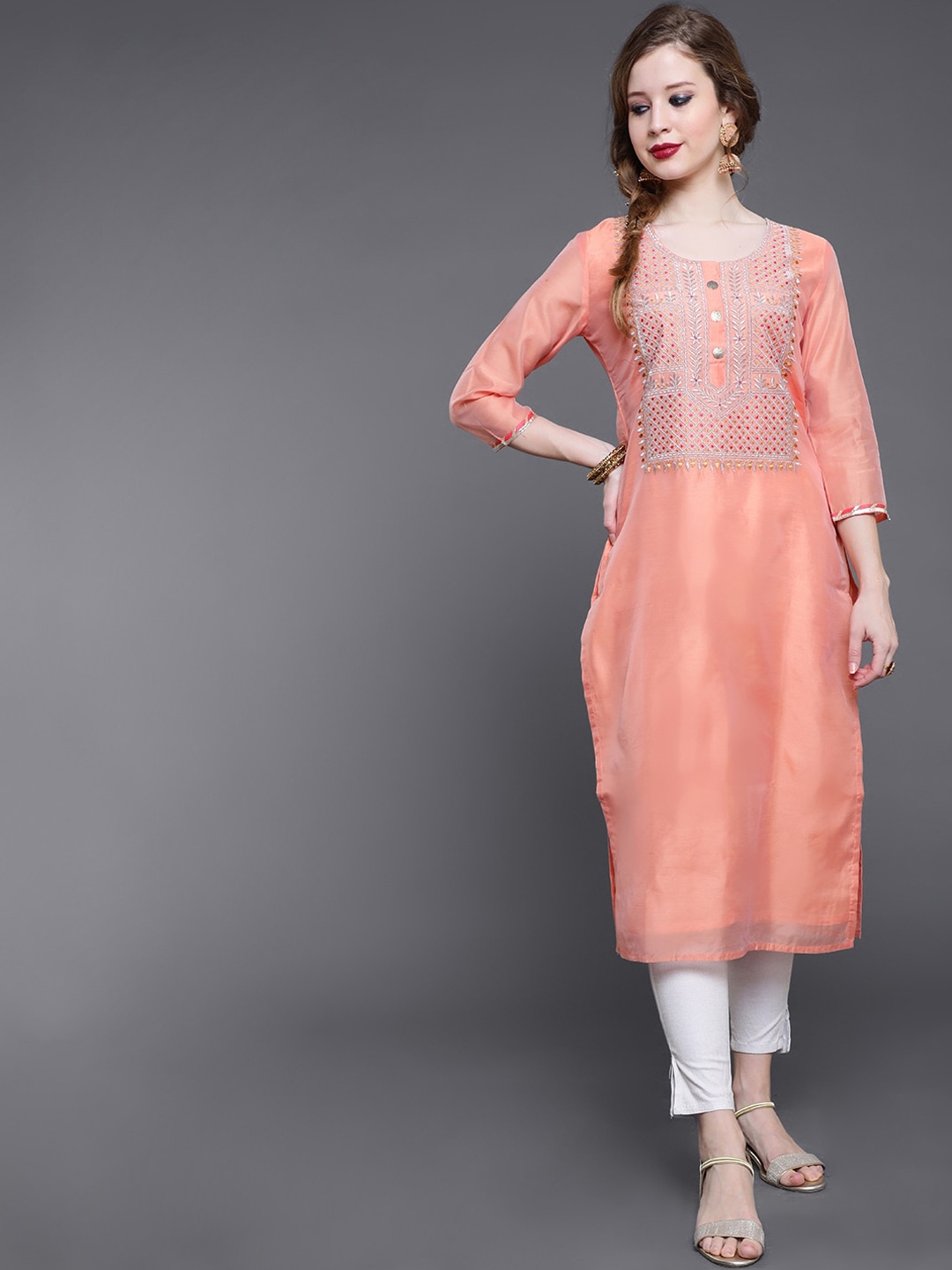 

saubhagya Women Peach-Coloured Yoke Design Thread Work Kurta