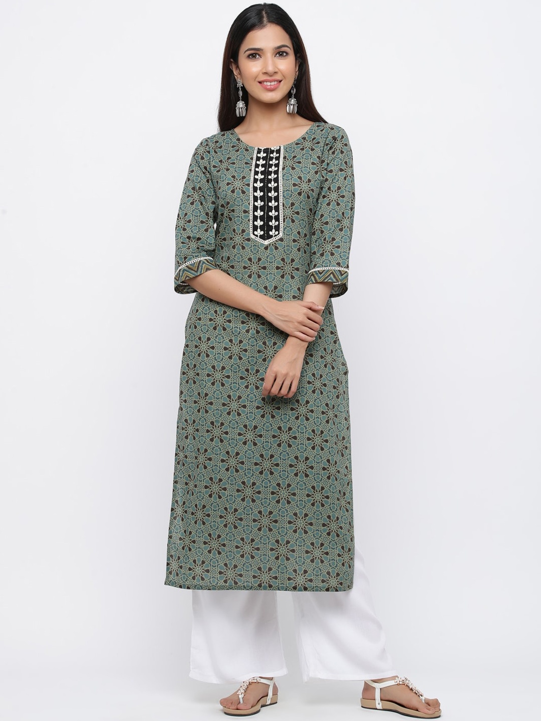 

Jaipur Kurti Women Green & Black Geometric Printed Thread Work Kurta