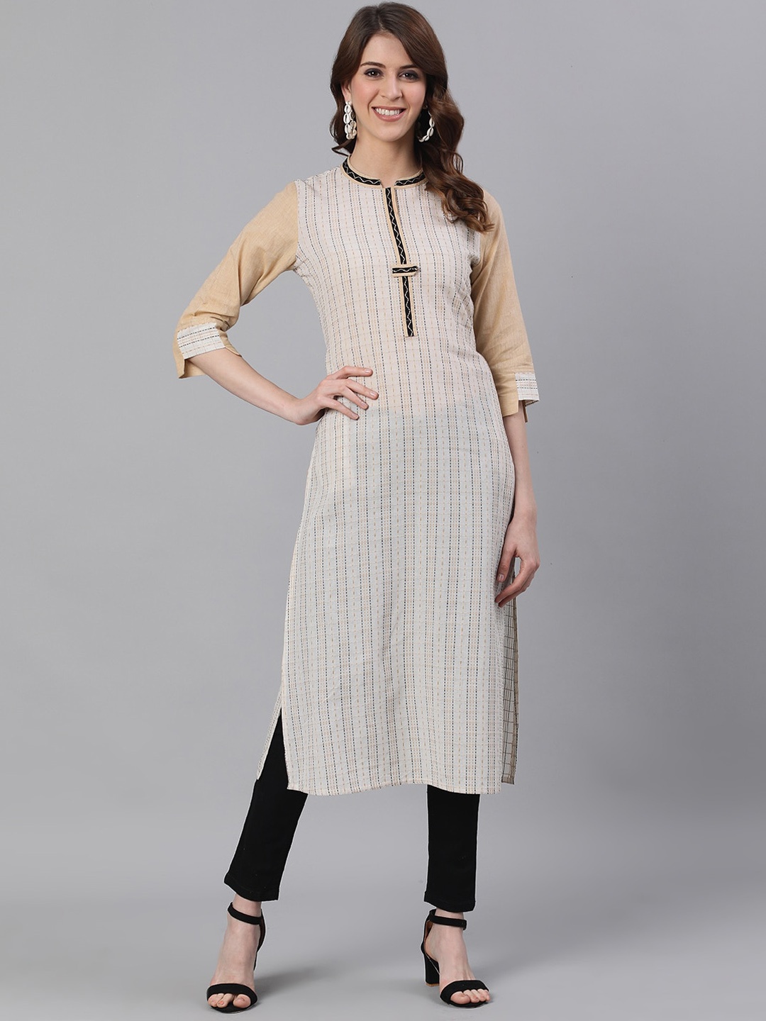 

Jaipur Kurti Off White Woven Design Striped Kurtis