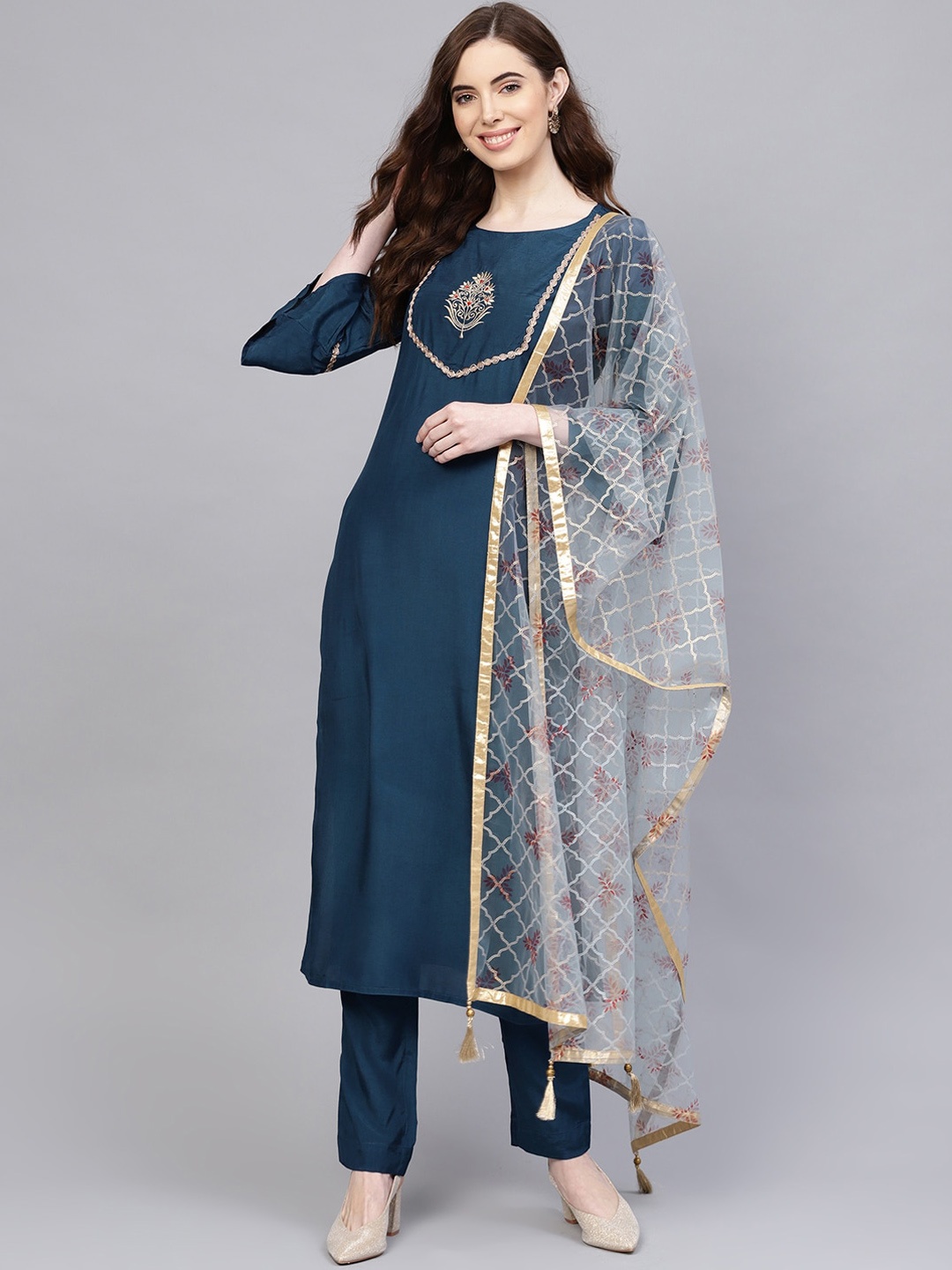 

Jaipur Kurti Women Blue Yoke Design Panelled Kurta with Palazzos & With Dupatta