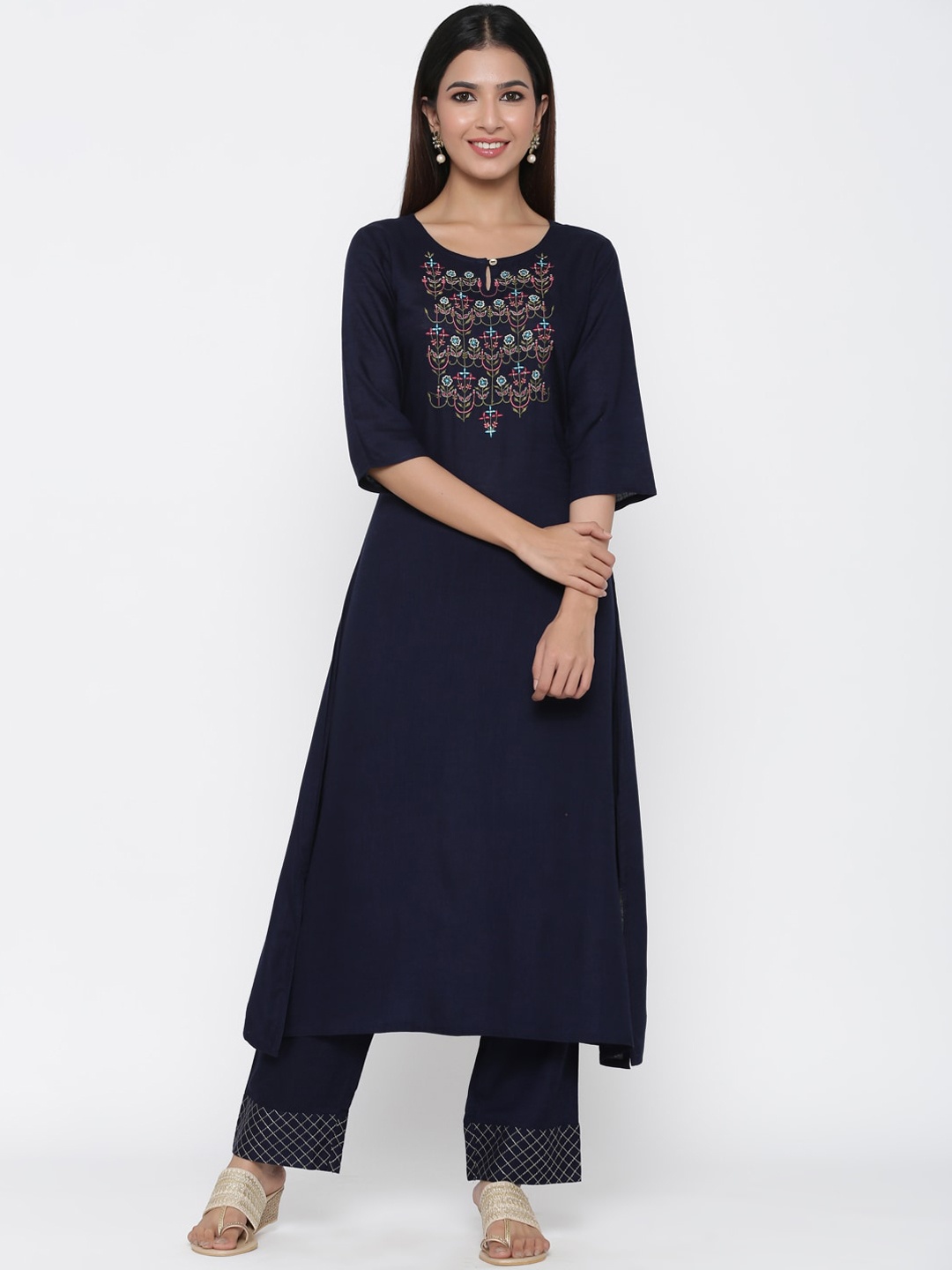 

Jaipur Kurti Women Navy Blue Floral Yoke Design Kurta with Trousers