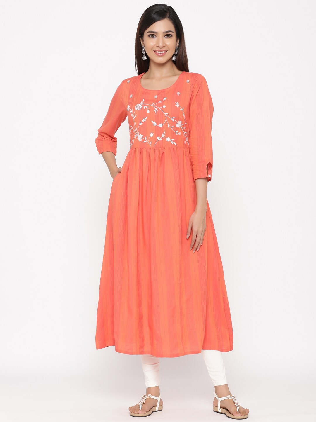

Jaipur Kurti Coral Floral Embroidered Ethnic Midi Dress