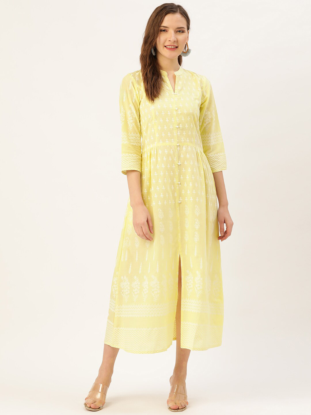 

Jaipur Kurti Women Yellow & White Ethnic Motifs Printed Cotton A-Line Midi Dress