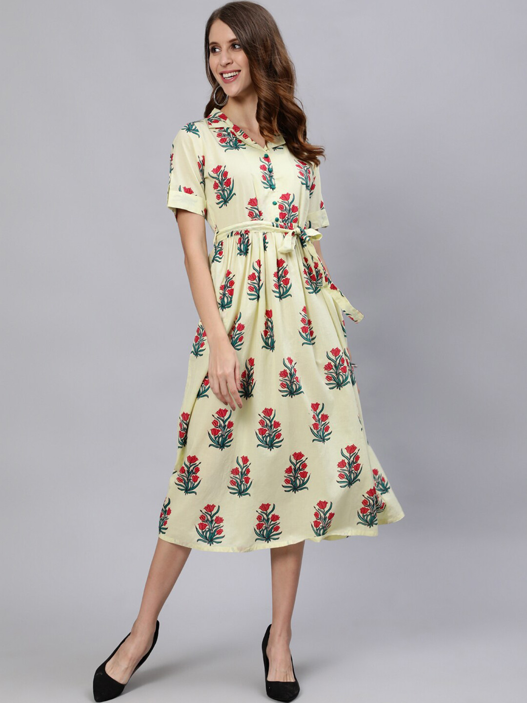 

Jaipur Kurti Yellow Floral Cotton A-Line Midi Dress