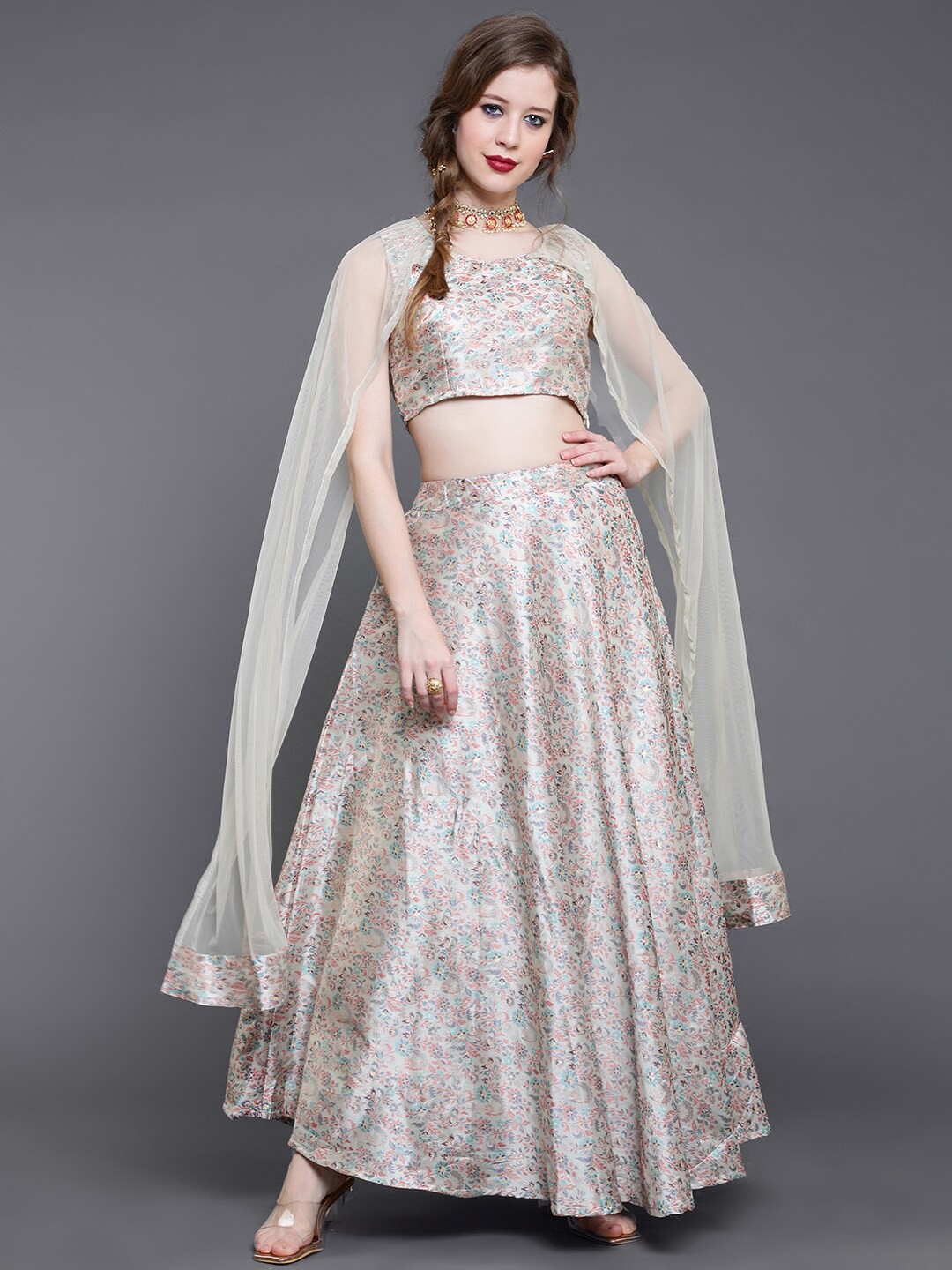 

saubhagya Grey & Pink Woven Design Ready to Wear Lehenga & Choli