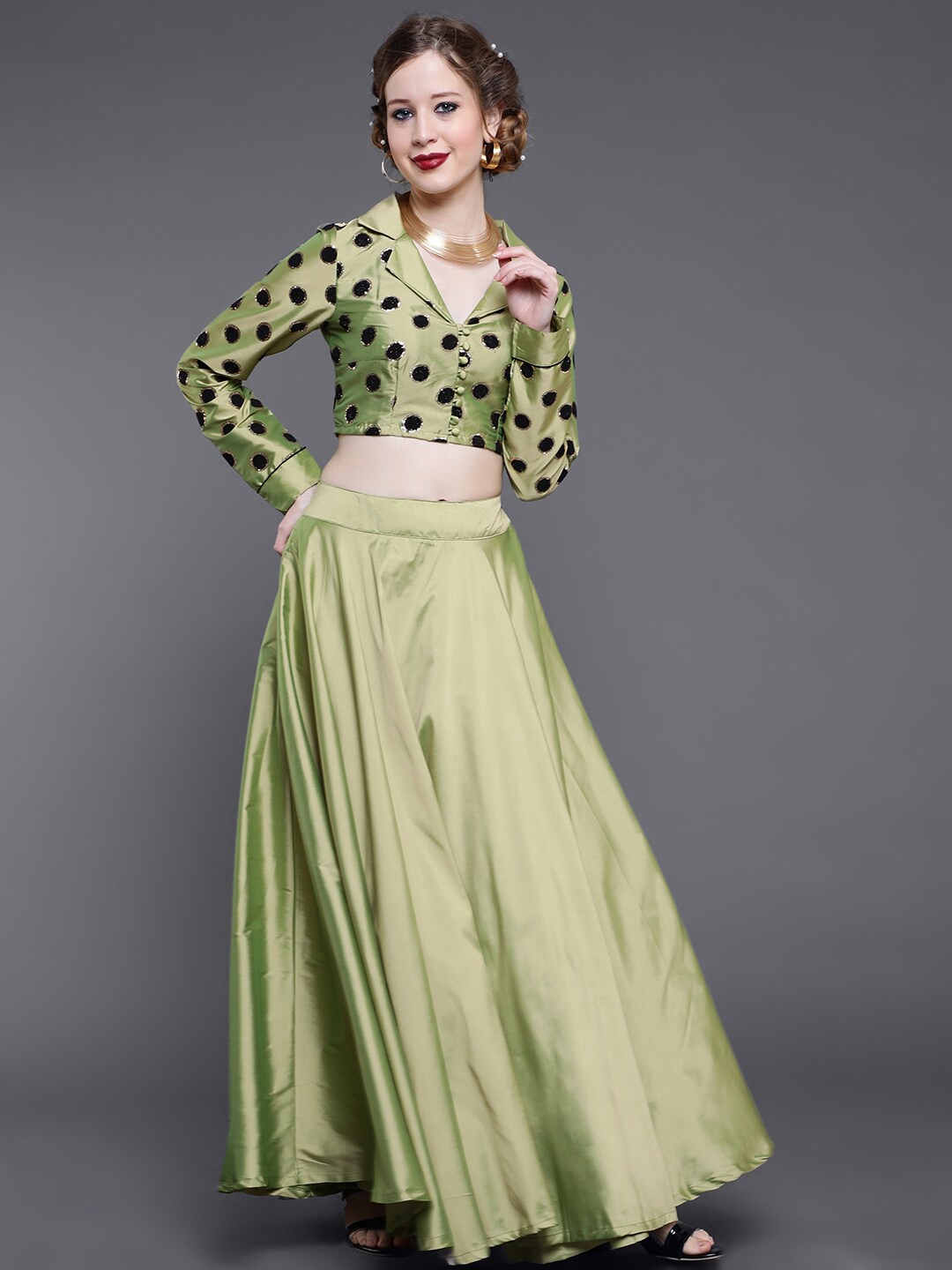 

saubhagya Green & Black Printed Lehenga Choli Set