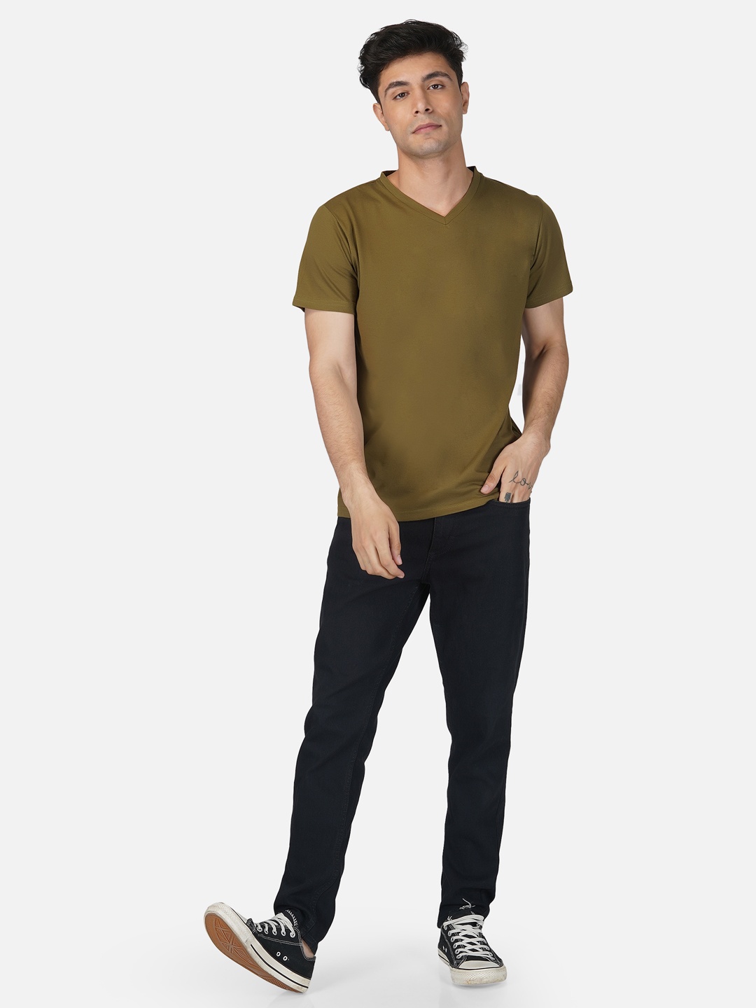 

Tinted Men Olive Green V-Neck T-shirt