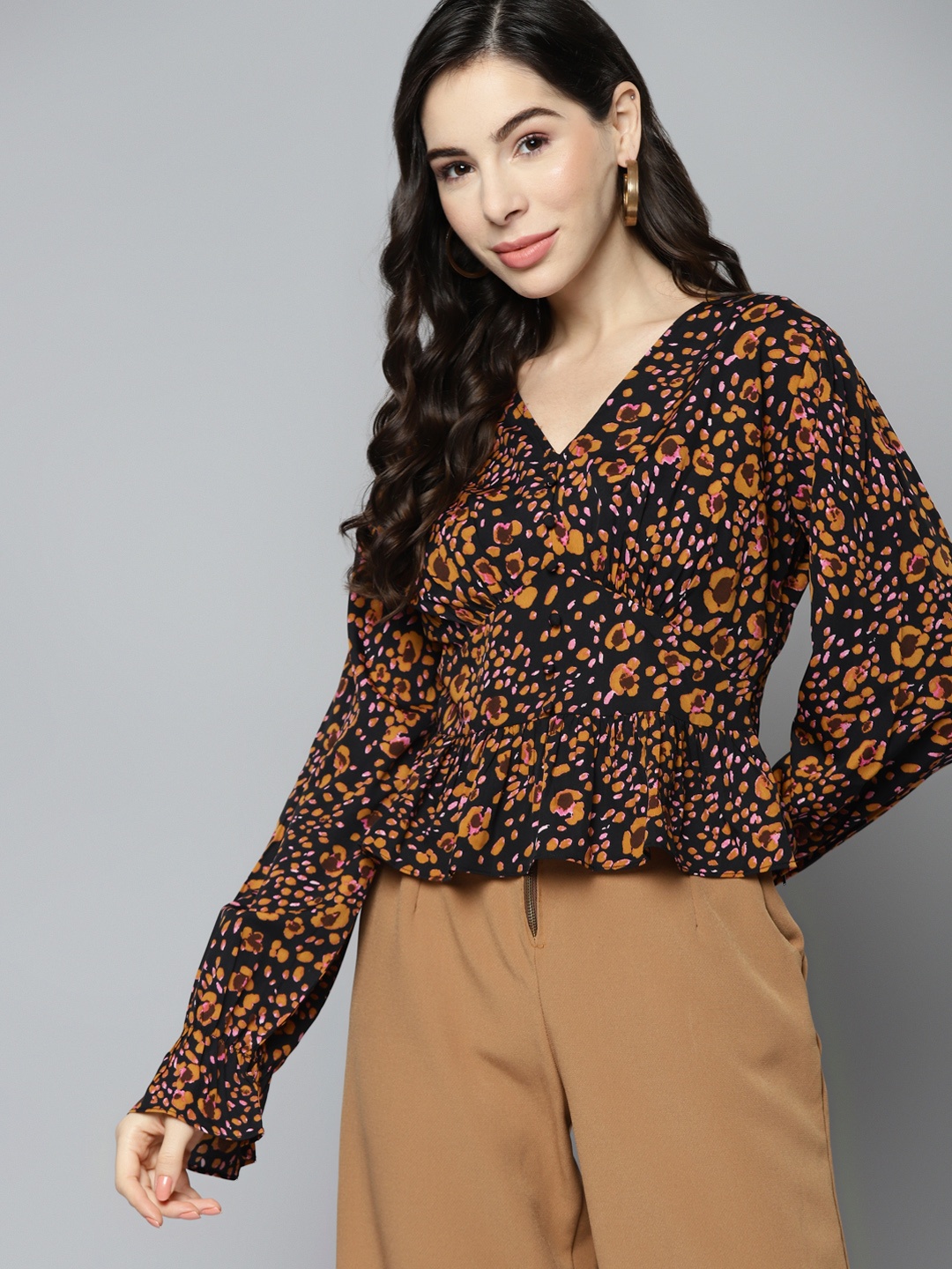 

VividArtsy Black & Brown Animal Print Crepe Empire Top