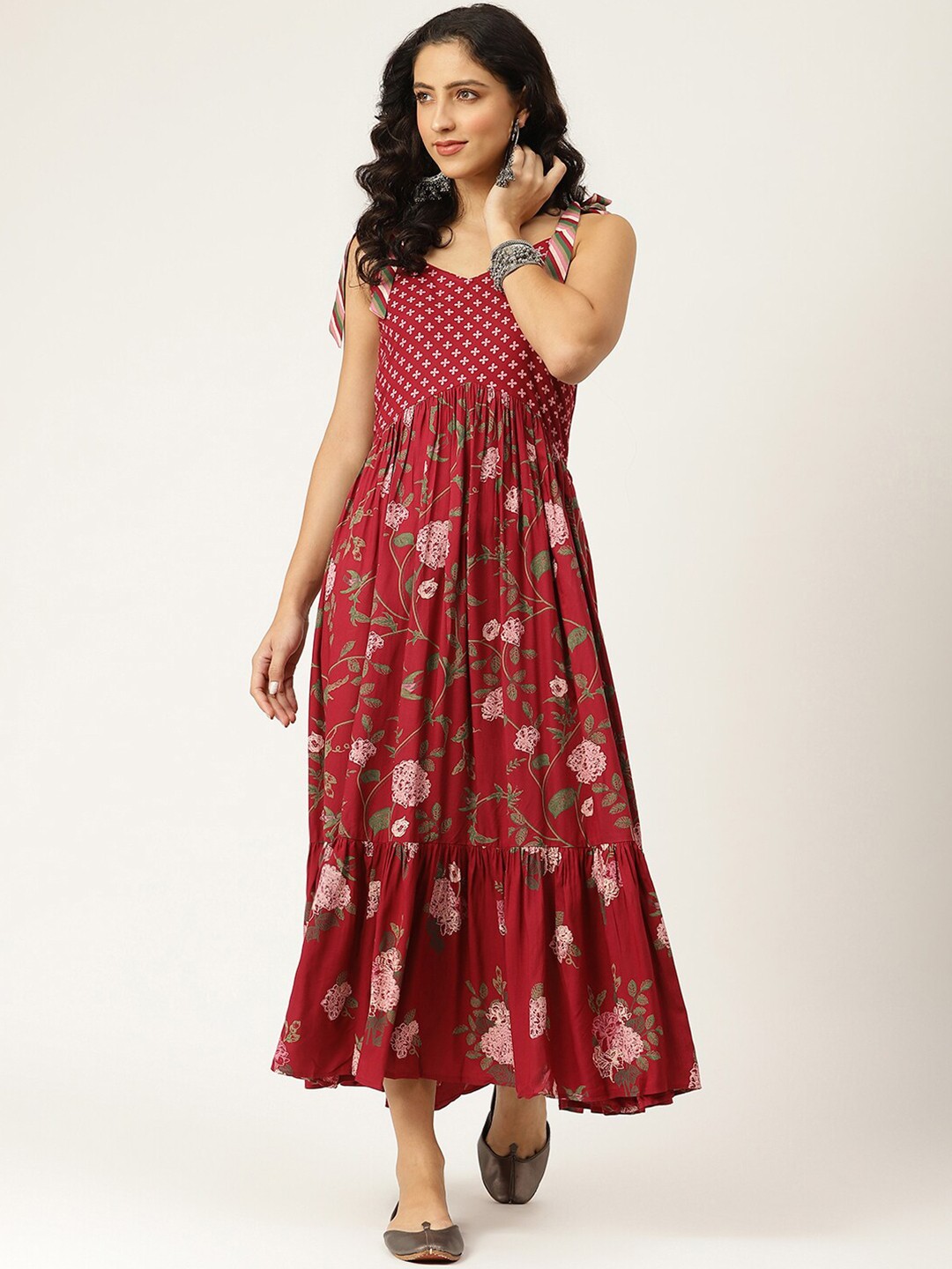 

Rustorange Maroon Floral Liva Maxi Dress