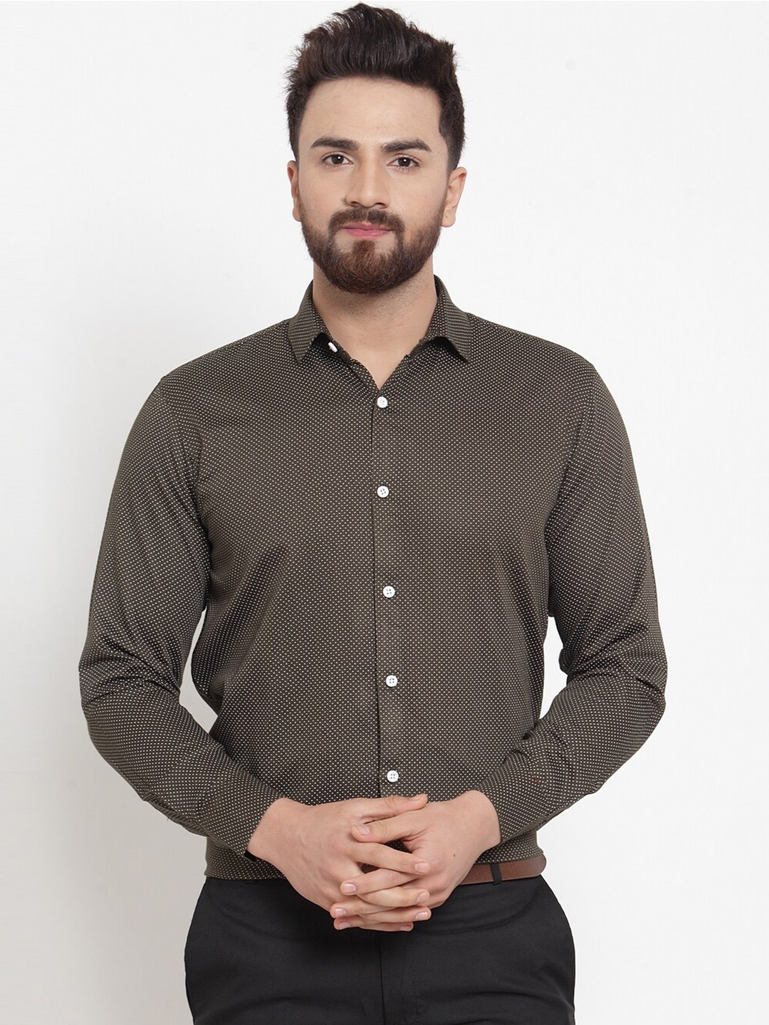 

JAINISH Men Olive Green Standard Printed Cotton Formal Shirt