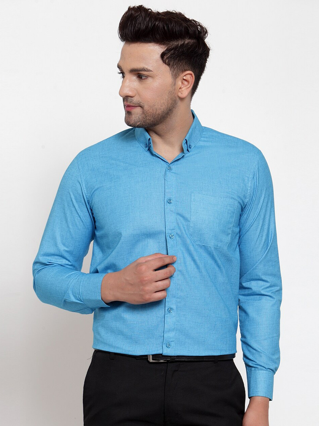 

JAINISH Men Turquoise Blue Standard Cotton Formal Shirt