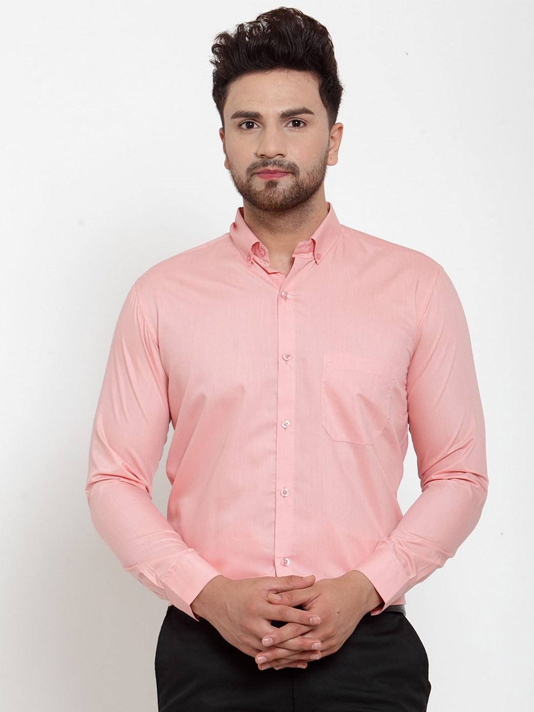 

JAINISH Men Peach-Coloured Standard Pure Cotton Formal Shirt