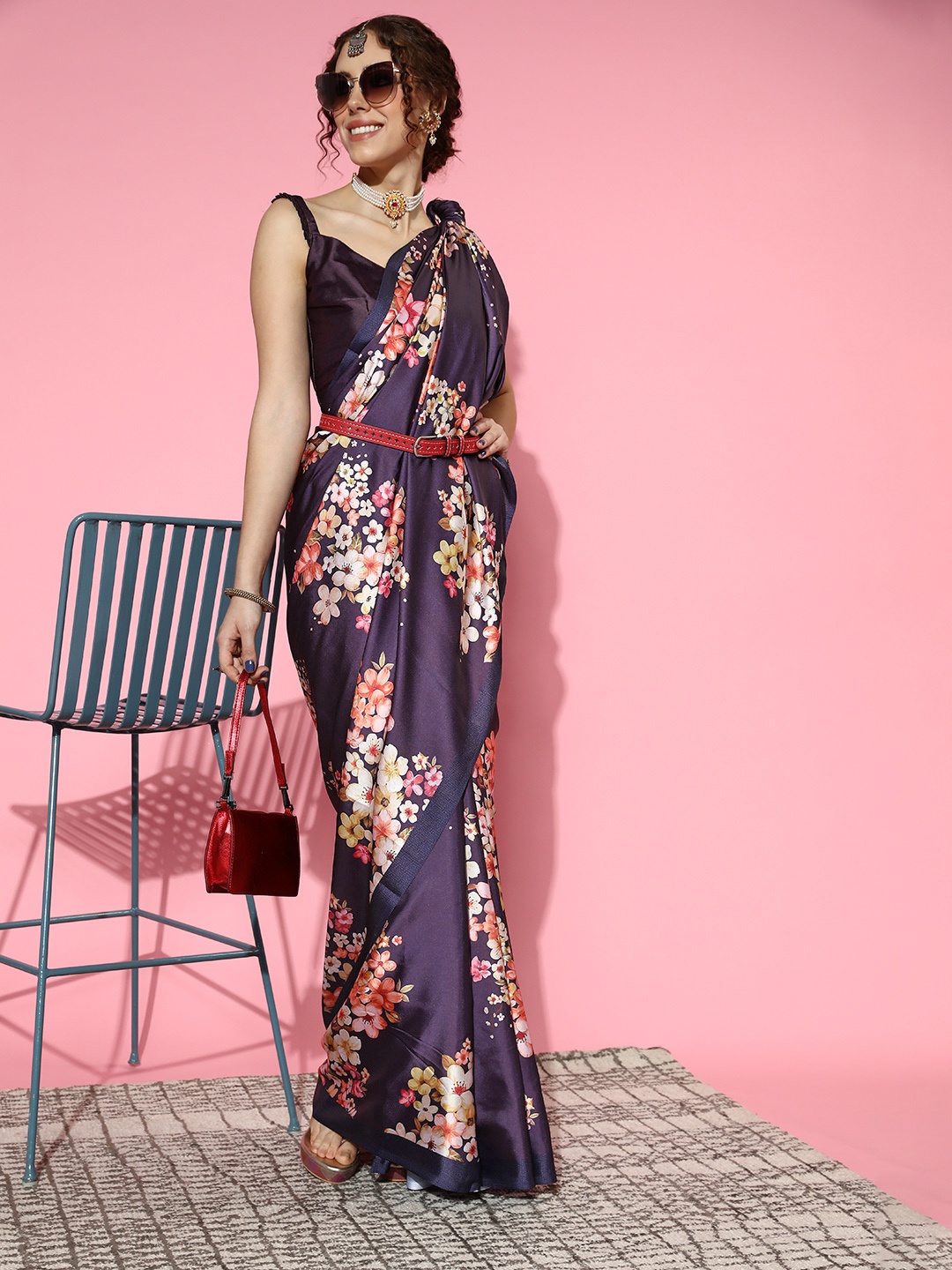 

Mitera Floral Saree with Solid border, Purple