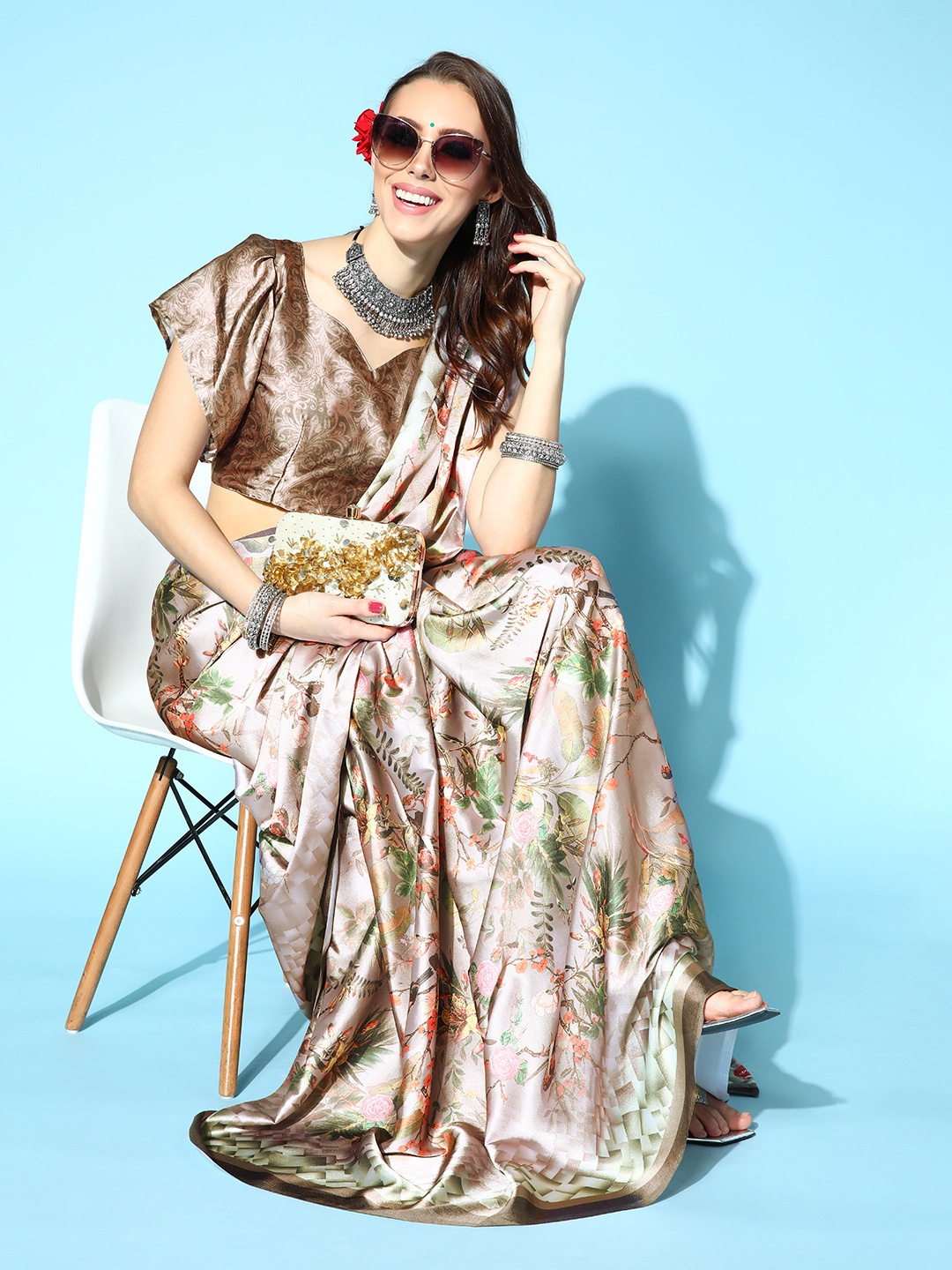 

Mitera Rose & Green Floral Print Saree