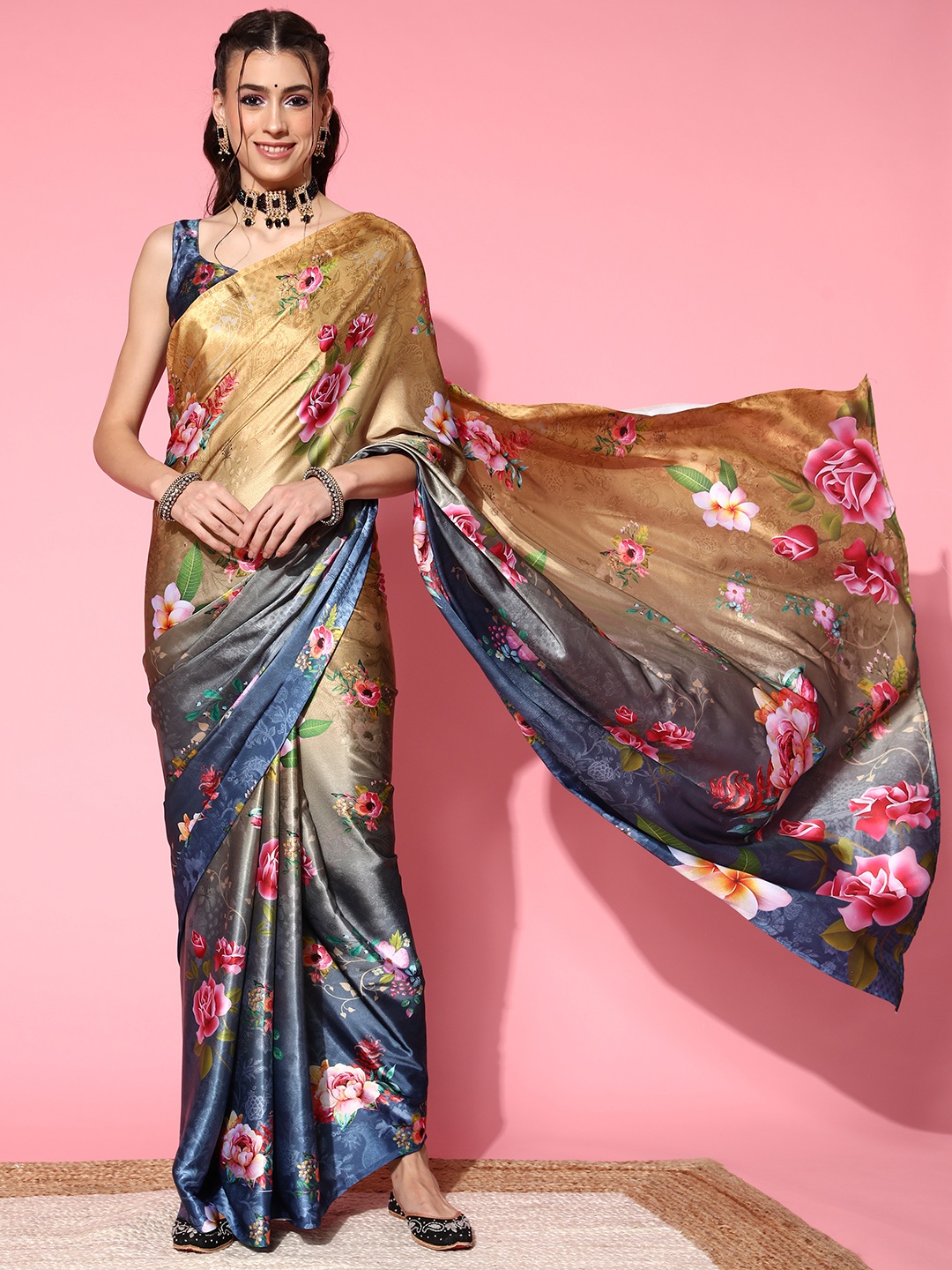 

Mitera Gold-Toned & Blue Floral Saree