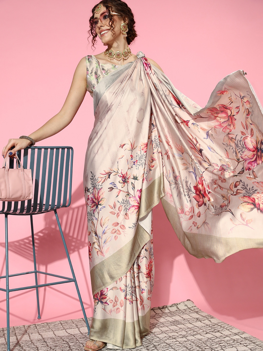 

Mitera Floral Saree with Solid border, Beige