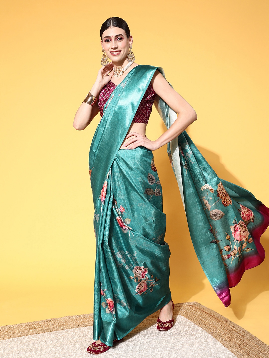 

Mitera Green & Pink Floral Print Saree