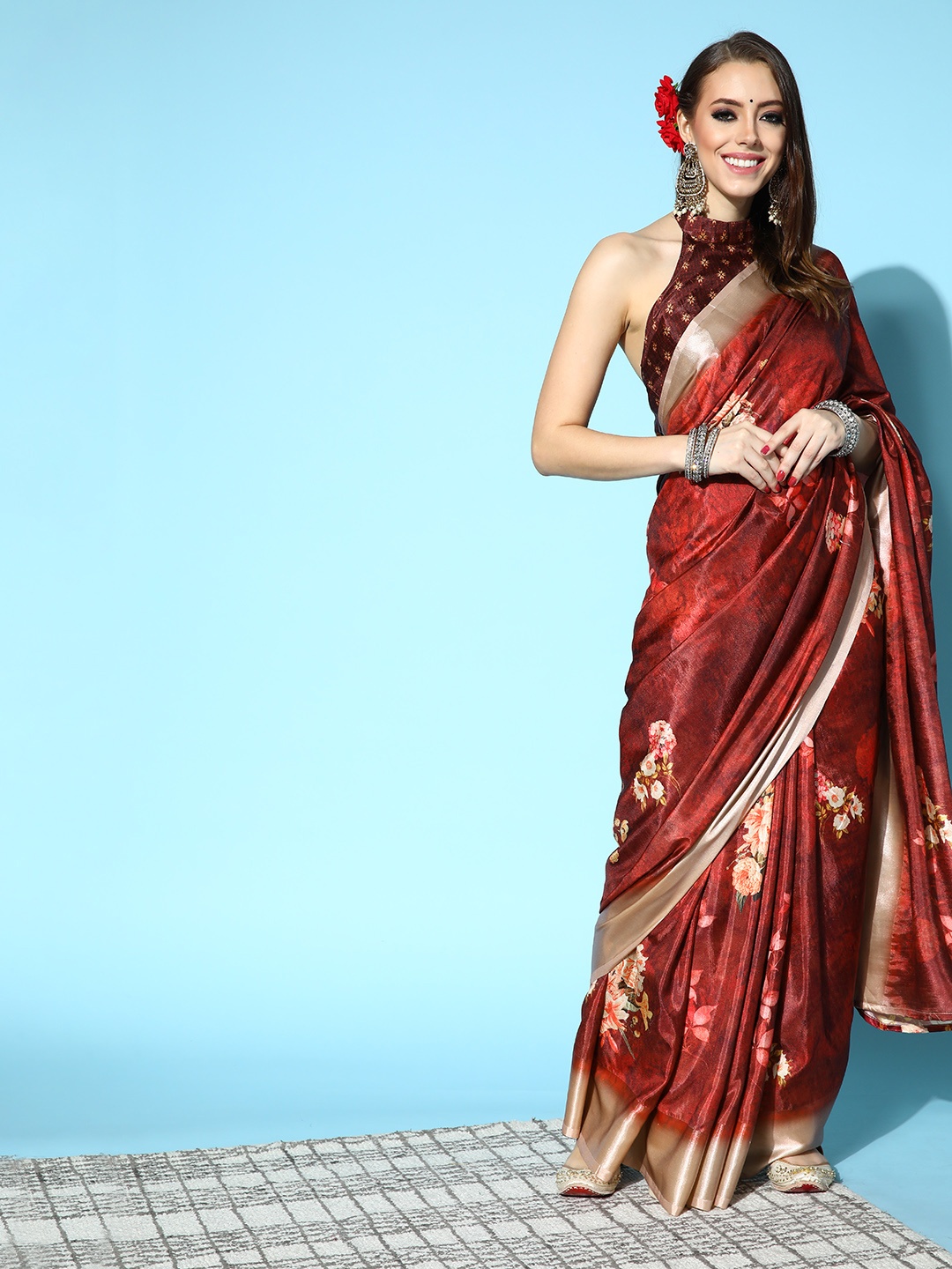 

Mitera Floral Saree with Solid Border, Maroon
