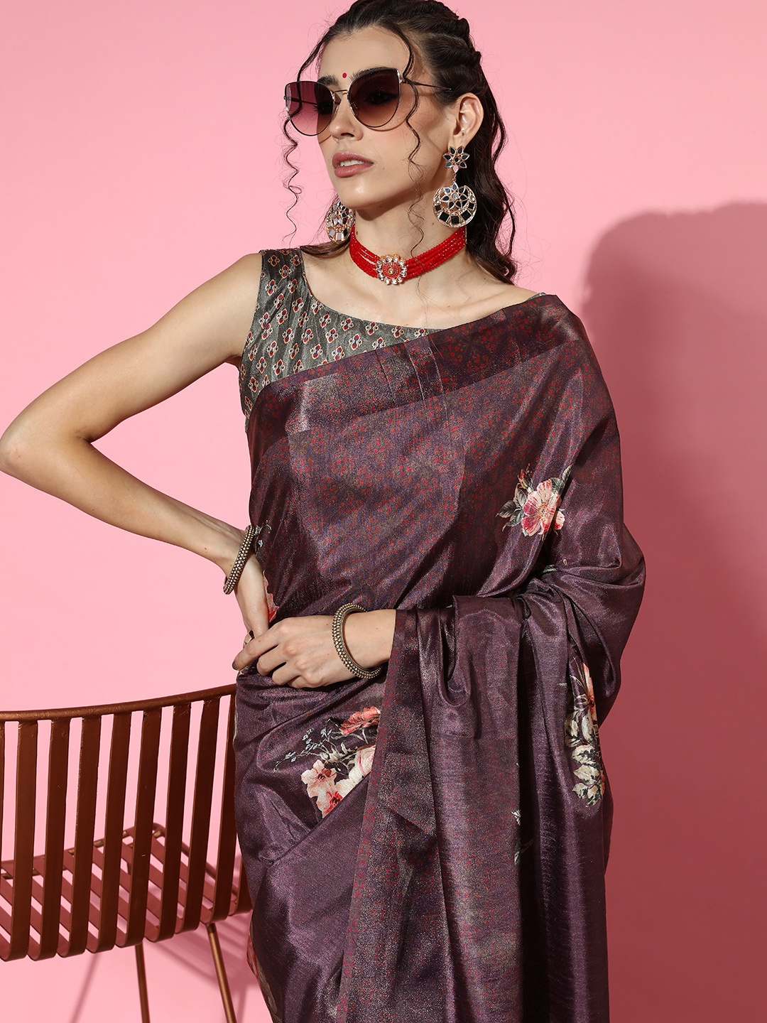 

Mitera Floral Saree with Solid border, Purple