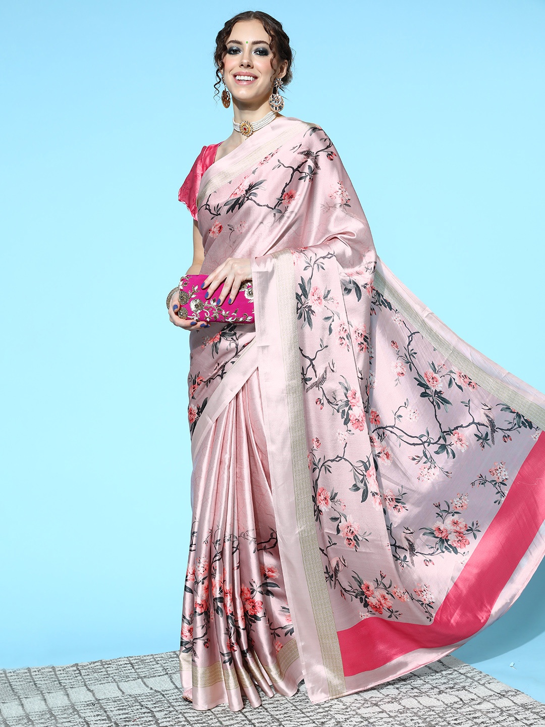 

Mitera Floral Saree with Solid border, Pink