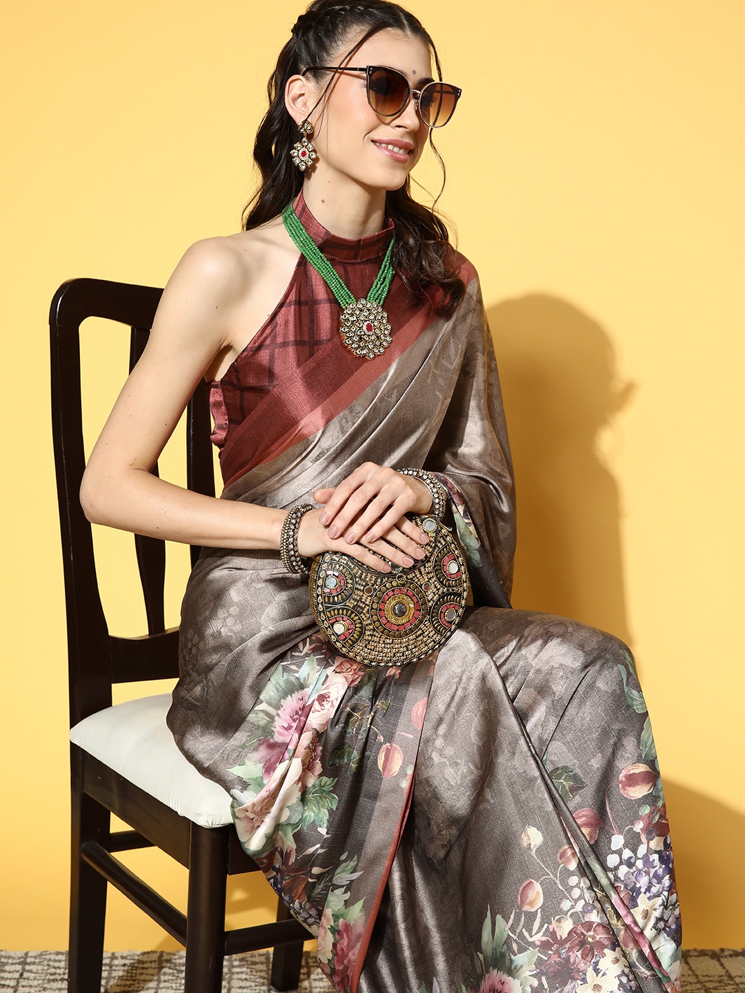 

Mitera Taupe & Maroon Floral Saree