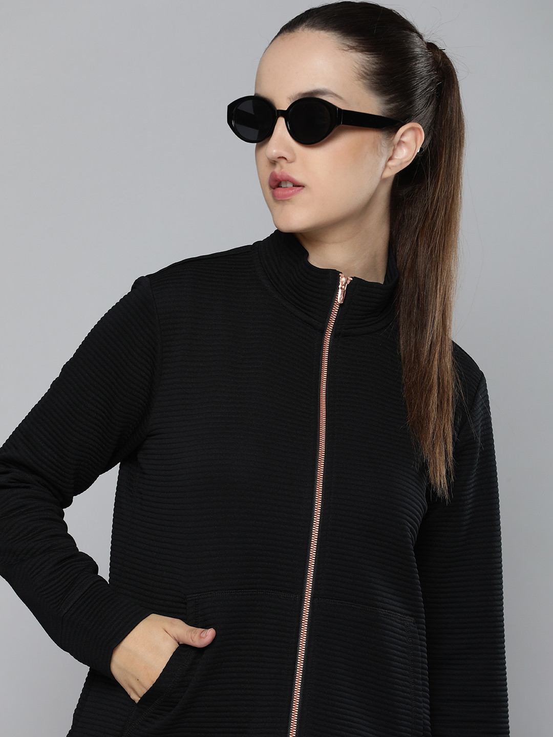 

Skechers Women Self Design Striped HOODIE GOWALK EVERYWHERE Bomber Jacket, Black