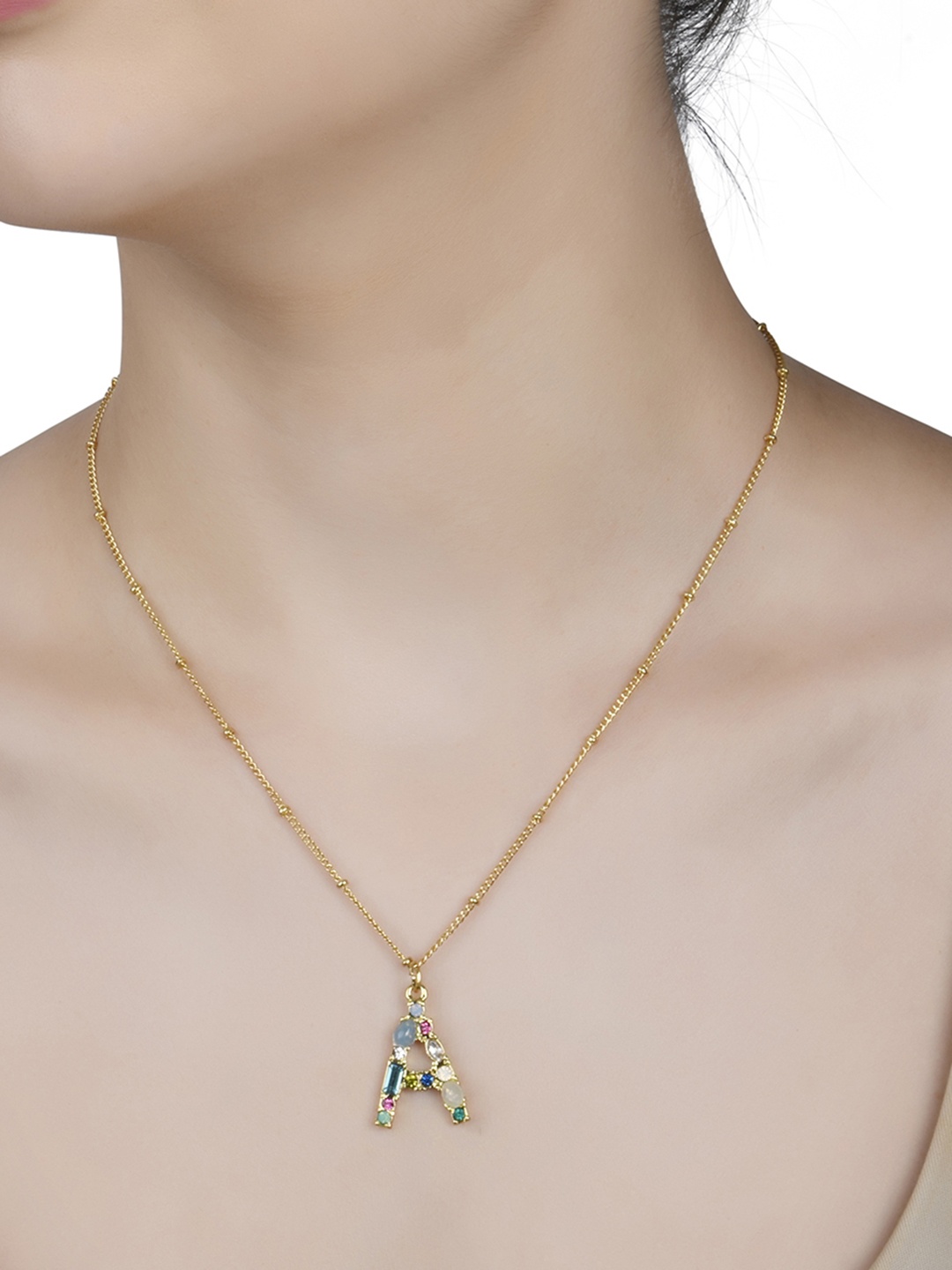 

Lilly & sparkle Gold-Plated & Blue Stone Studded Initial A Pendant Necklace