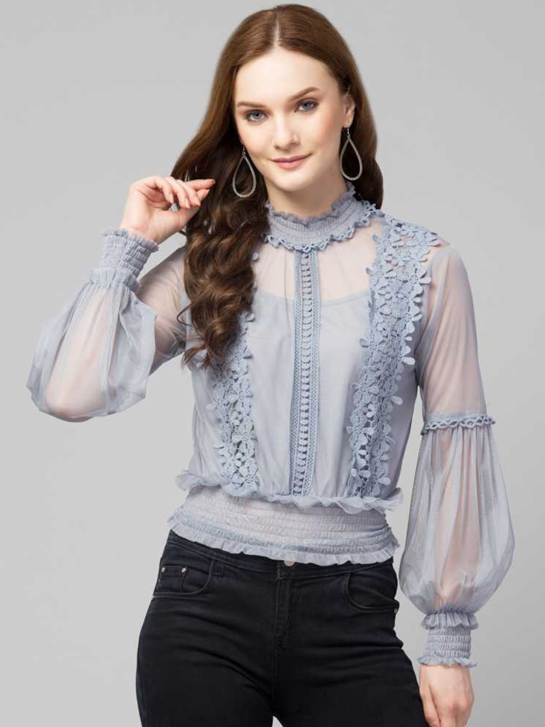 

La Aimee Grey Georgette Bishop Sleeves Smocked Cinched Waist Top