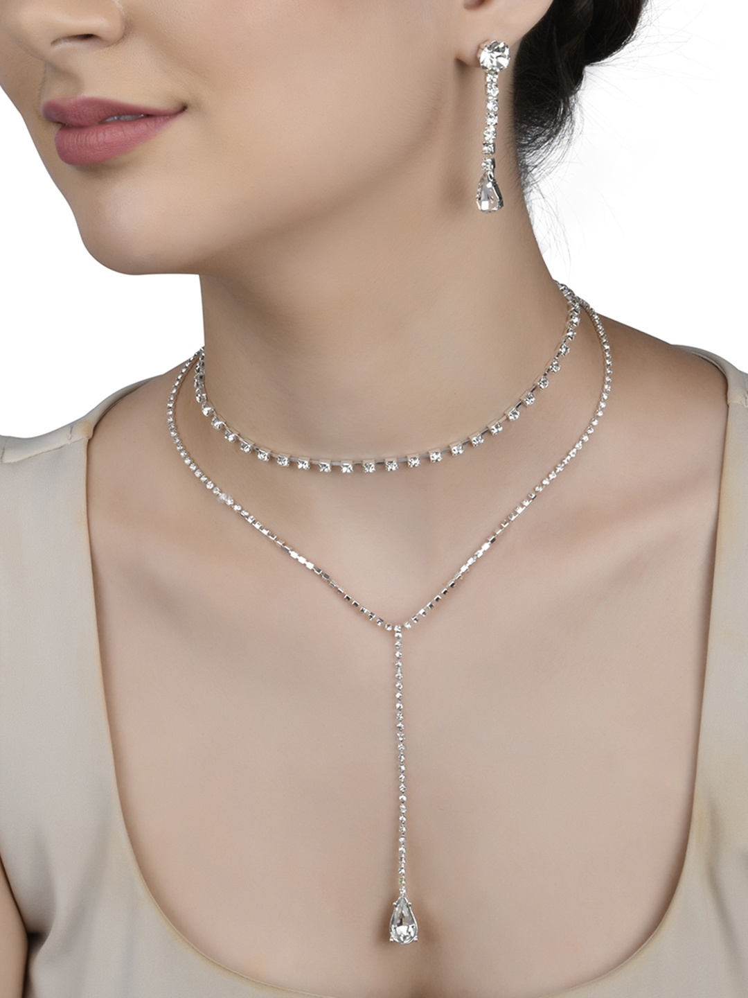 

Lilly & sparkle Silver-Plated & White Crystal-Studded Two Layered Cup Chain Jewellery Set