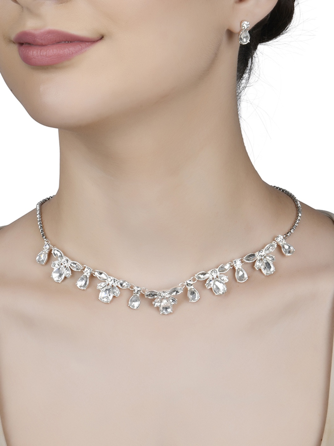 

Lilly & sparkle Silver-Plated White Crystal-Studded Jewellery Set