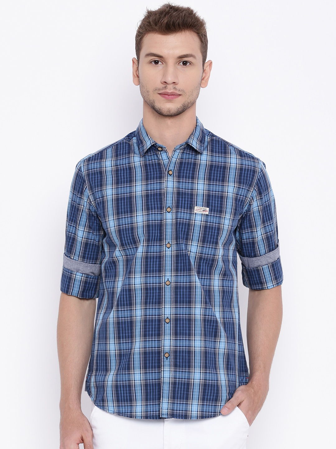

U.S. Polo Assn. Men Navy Blue & White Checked Slim Fit Casual Shirt